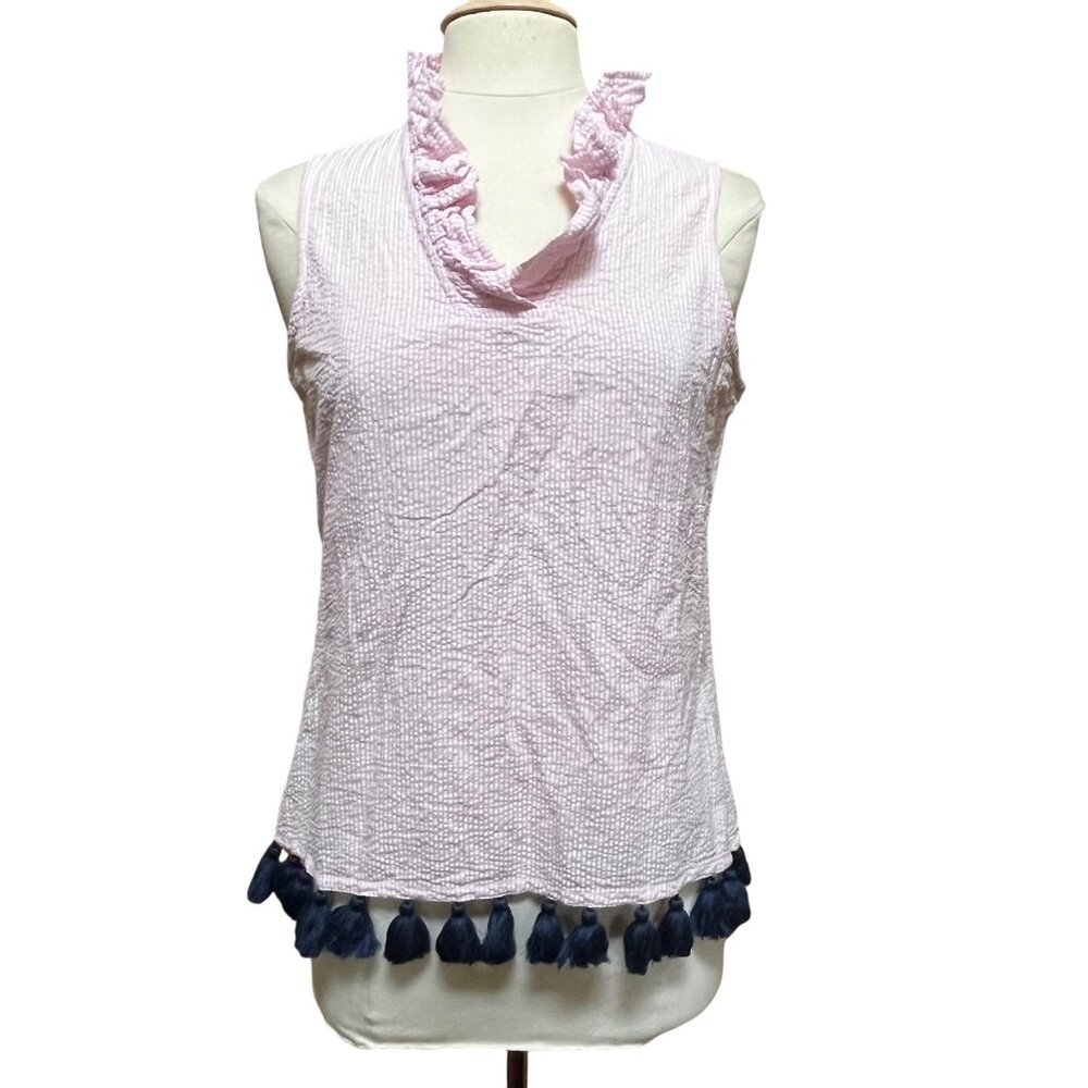 Pink Striped Seersucker Ruffle Sleeveless Top Tassel Hem Haley And Hound Sz M